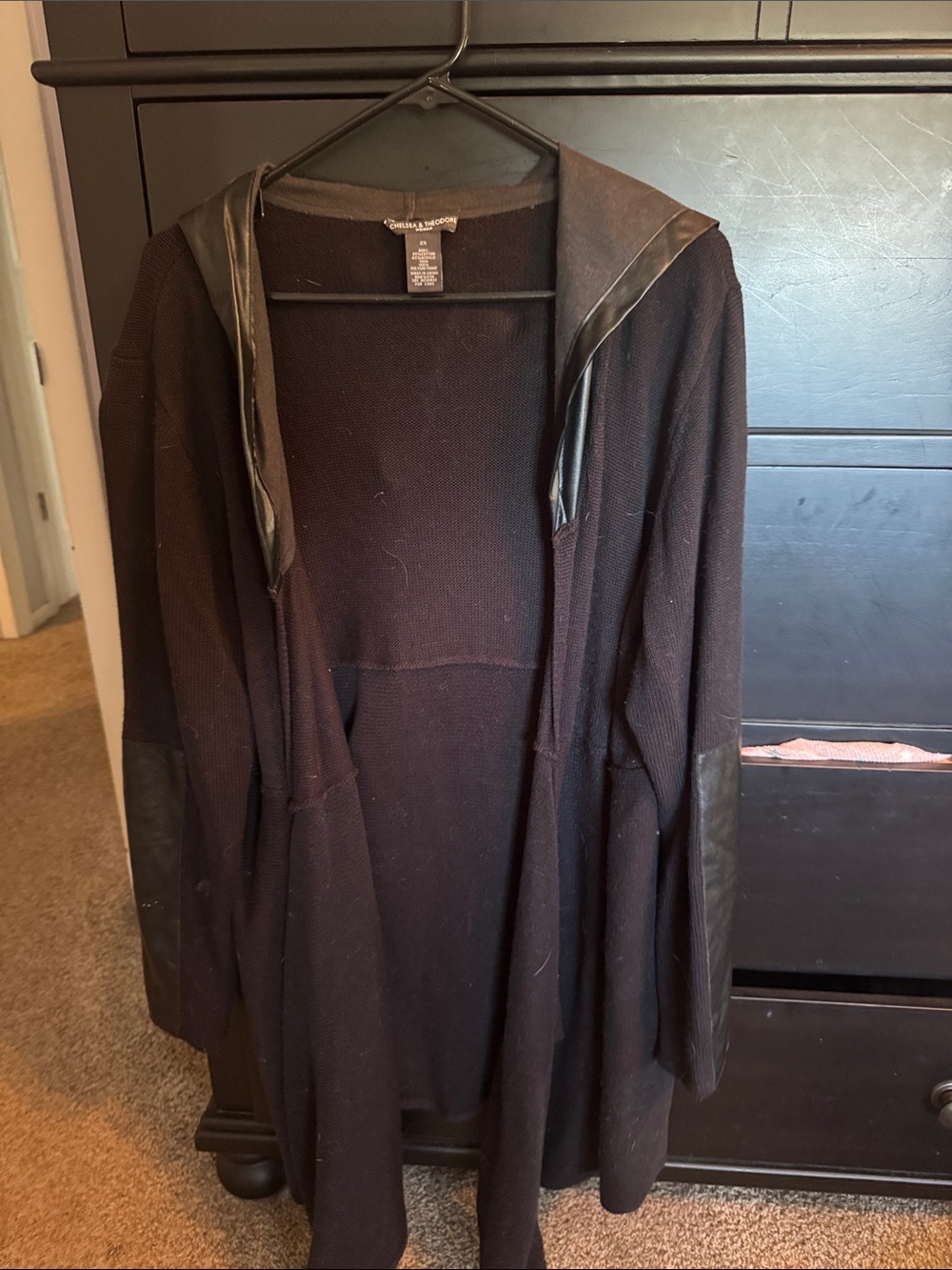 Chelsea & Theodore Black Hooded Open-Front Knit Coatigan with Faux-Leather Trim